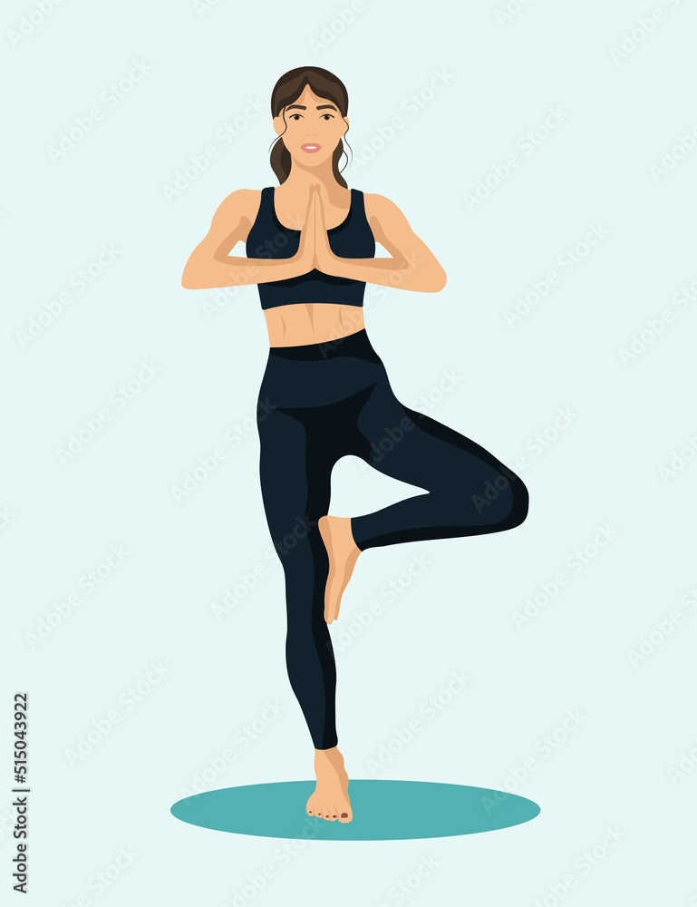 Young woman standing in Tree pose and meditating, practicing Hatha yoga and zen meditation Young woman standing in Tree pose and meditating, practicing Hatha yoga and zen meditation