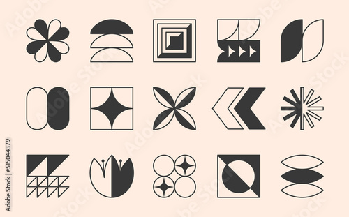Vector set of bauhaus linear emblems or symbols.Modern brutalist objects and elements in trendy swiss minimal style.Abstract bold geometric shapes for branding design,badges,stickers,logo templates.