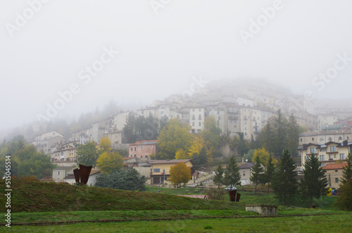 Rivisondoli  AQ  - View of the characteristic mountain town in a foggy day - Abruzzo - Italy