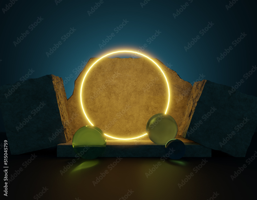 3d render, abstract neon yellow background with glowing circle frame