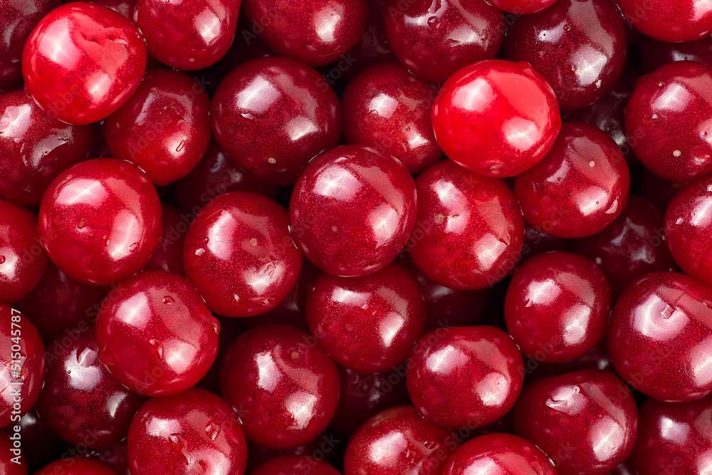 Sweet red cherries as background, top view. Ripe cherries. Sweet red cherries as background, top view. Ripe cherries.