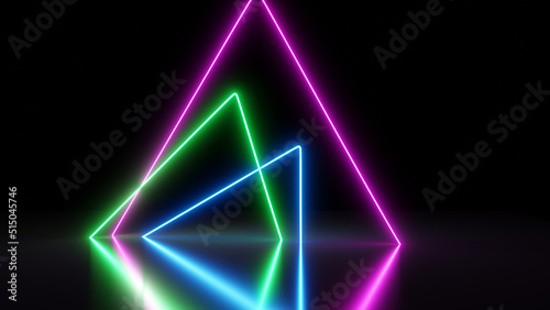 3d render, blue pink green neon triangle, empty space, neon light, 80's retro style, fashion show stage, abstract background