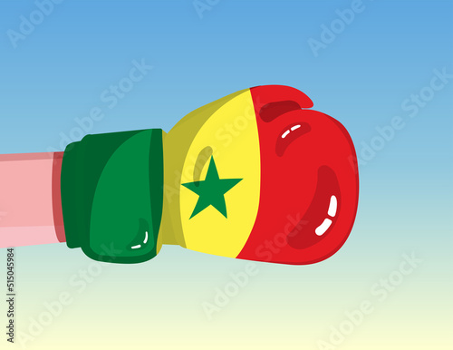 Flag of Senegal on boxing glove. Confrontation between countries with competitive power. Offensive attitude. Separation of power. Template ready design.