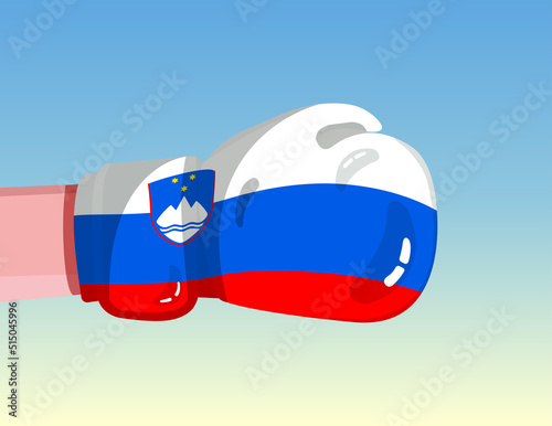Flag of Slovenia on boxing glove. Confrontation between countries with competitive power. Offensive attitude. Separation of power. Template ready design.