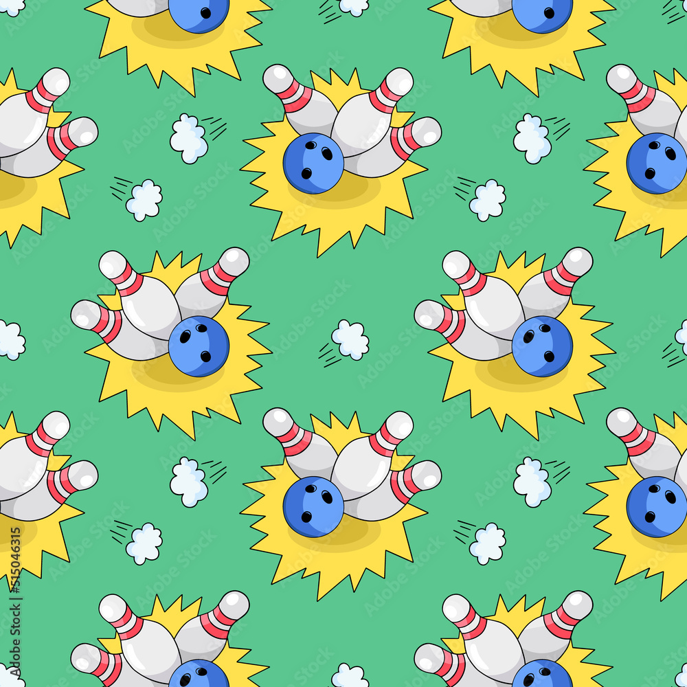 Obraz premium Bowling, vector seamless pattern in the style of doodles, hand drawn