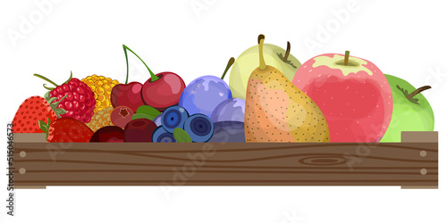 Fruits and berries in wooden box. Apples, pear,plums, strawberries, cherries, raspberries, blueberries. Vector illustration.