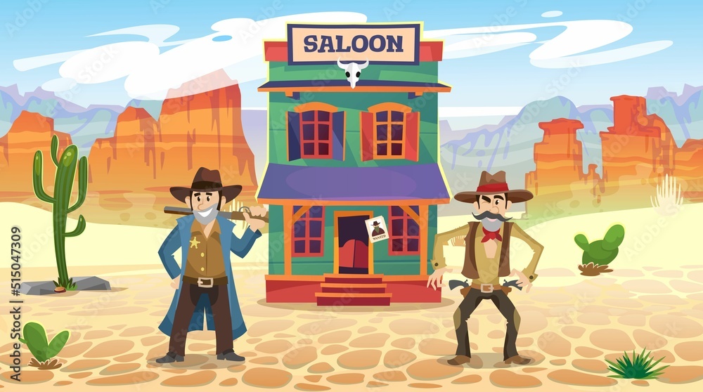 Two cowboys in a wild west town are standing before a saloon waiting for a  duel.