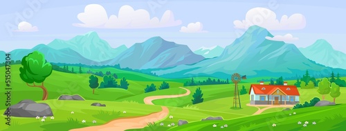 Beautiful landscape view of a green mountain valley in summer. Green fields and meadows, a road and a house with a windmill. Blue sky over rocky mountains. Cartoon style vector background.