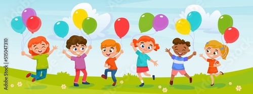 Happy kids with colorful balloons in their hands celebrating a birthday. Diverse boys and girls having fun and playing at a birthday party in a park or garden. Cartoon style vector illustration.