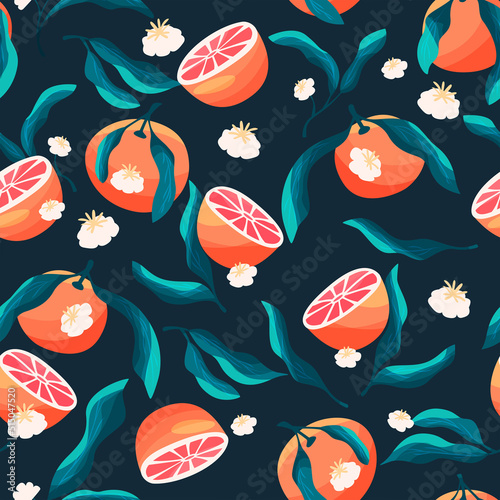 Seamless pattern with hand drawn oranges and floral elements. Fruit and floral design in bright colors. Colorful vector illustration.