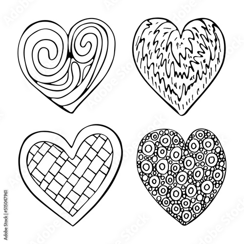 Set hearts doodle line art. Romantic symbol of love with different patterns. Hand drawn vector graphic black and white illustration.