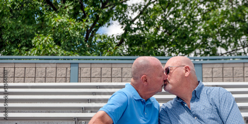 Two senior citizen LGBT men, kiss in the stands of an outdoor stadium.