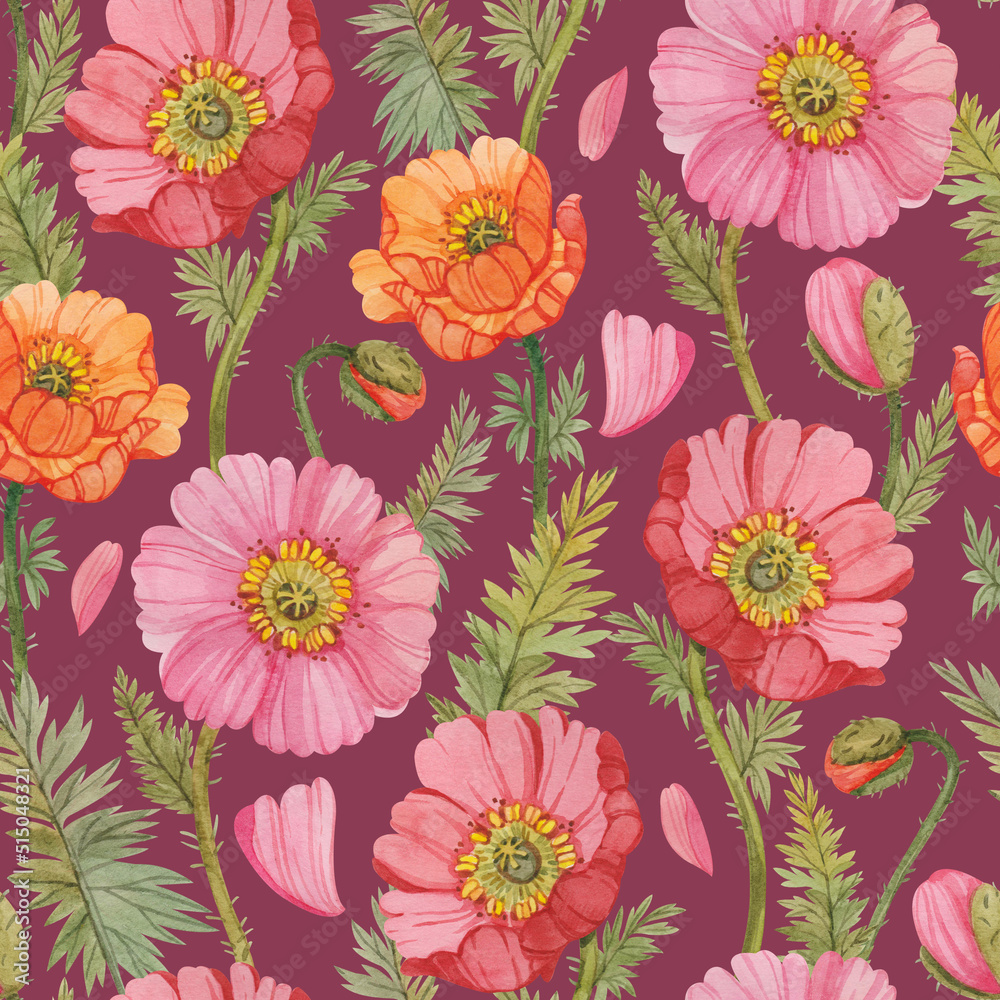 Seamless pattern with colorful watercolor poppies. Floral print with poppies on a dark lilac background.