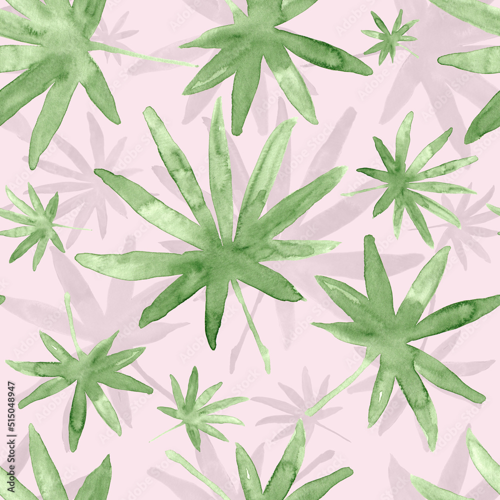 Green palm leaves, tropical watercolor painting - seamless pattern on pink background Green palm leaves, tropical watercolor painting - seamless pattern on pink background