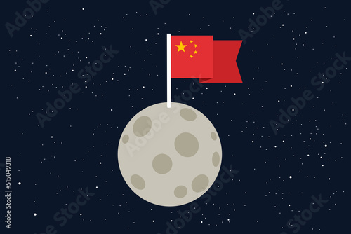 National flag of China is waving on the Moon - natural satellite is explored and colonized by country. Chinese colonization and exploration of outer space, cosmos. Vector illustration. photo