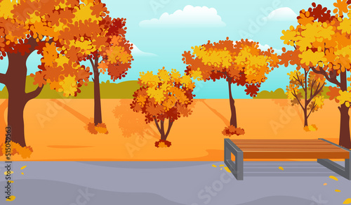 Cartoon autumn landscape in the park with a bench. Colorful vector illustration for banners, postcards and other fall designs.
