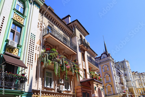 Architecture of Vozdvizhenka district in Old Town of Kyiv, Ukraine	 photo