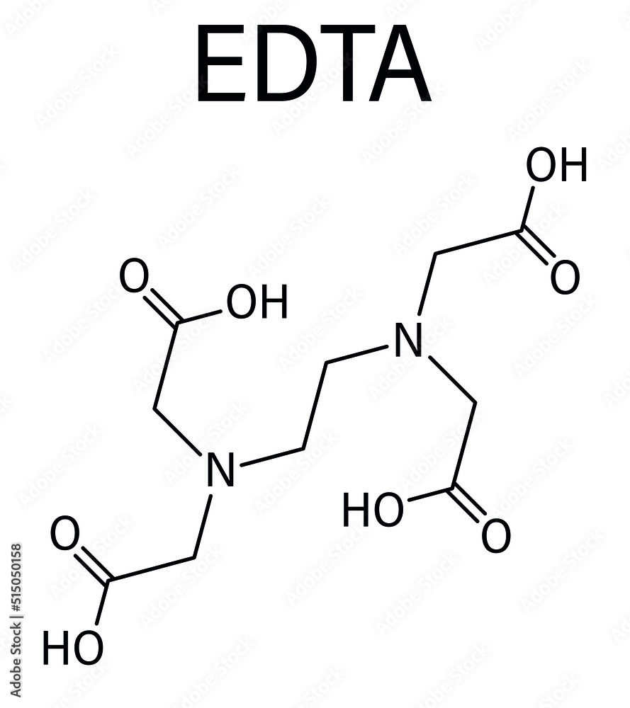 Skeletal formula of ethylenediaminetetraacetic acid or EDTA complexing agent molecule. Used in treatment of lead poisoning and in descaling solutions to remove limescale. Skeletal formula of ethylenediaminetetraacetic acid or EDTA complexing agent molecule. Used in treatment of lead poisoning and in descaling solutions to remove limescale.