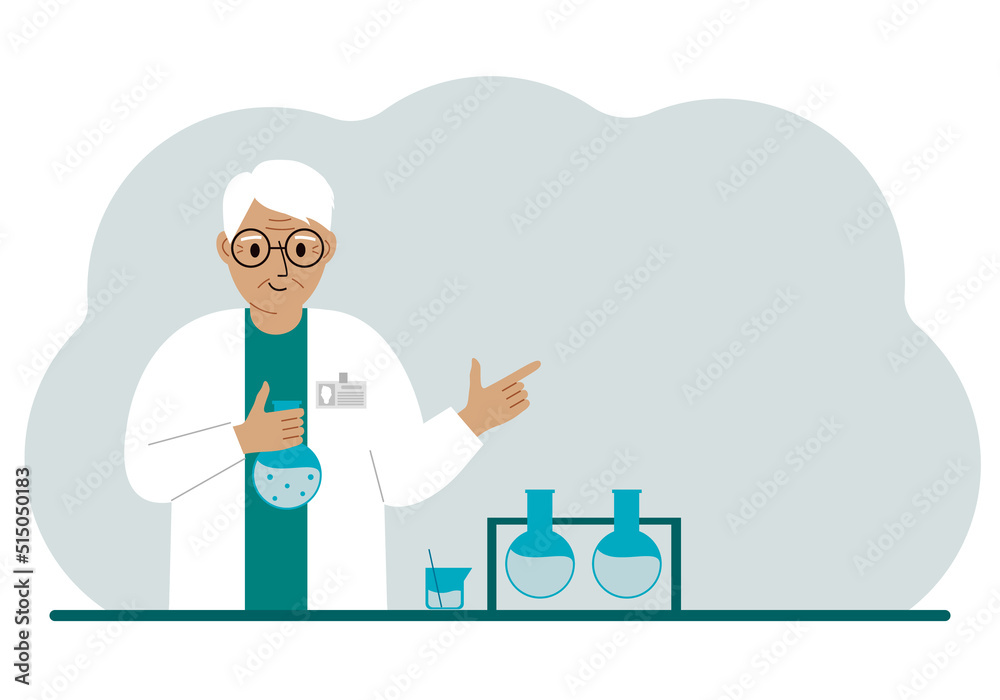 Old male scientist with flasks. Experimental scientist, laboratory assistant, biochemistry, chemical, scientific research. Old male scientist with flasks. Experimental scientist, laboratory assistant, biochemistry, chemical, scientific research.