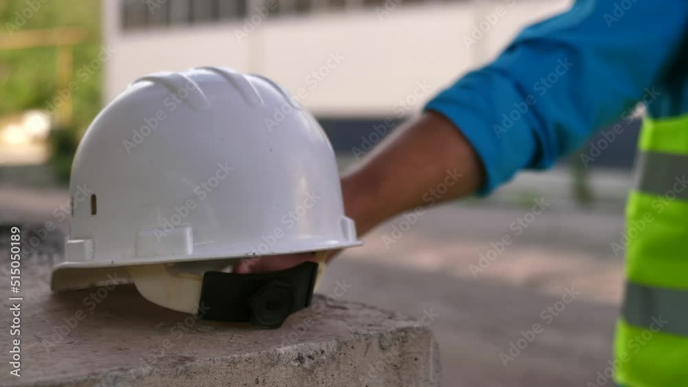 A close-up of a construction worker leaving a protective white hard hat on the reinforced concrete pier of a bridge under construction. Cropped shot of construction worker leaving hard hat at A close-up of a construction worker leaving a protective white hard hat on the reinforced concrete pier of a bridge under construction. Cropped shot of construction worker leaving hard hat at