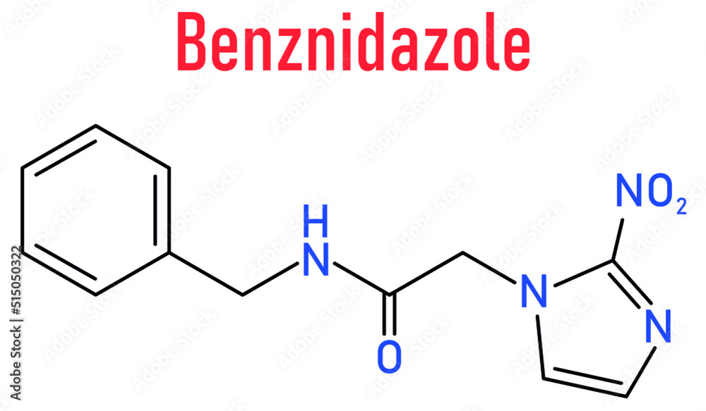 Skeletal formula of Benznidazole antiparasitic drug molecule. Used in treatment of Chagas disease - Trypanosoma cruzi. Skeletal formula of Benznidazole antiparasitic drug molecule. Used in treatment of Chagas disease - Trypanosoma cruzi.