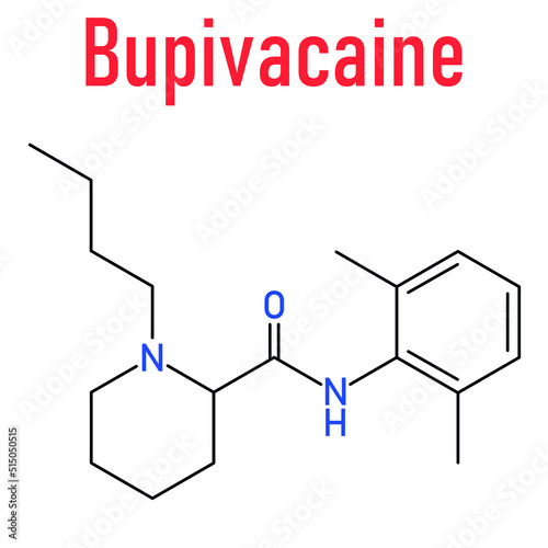 Skeletal formula of Bupivacaine epidural anesthetic drug molecule. Local anaesthetic.