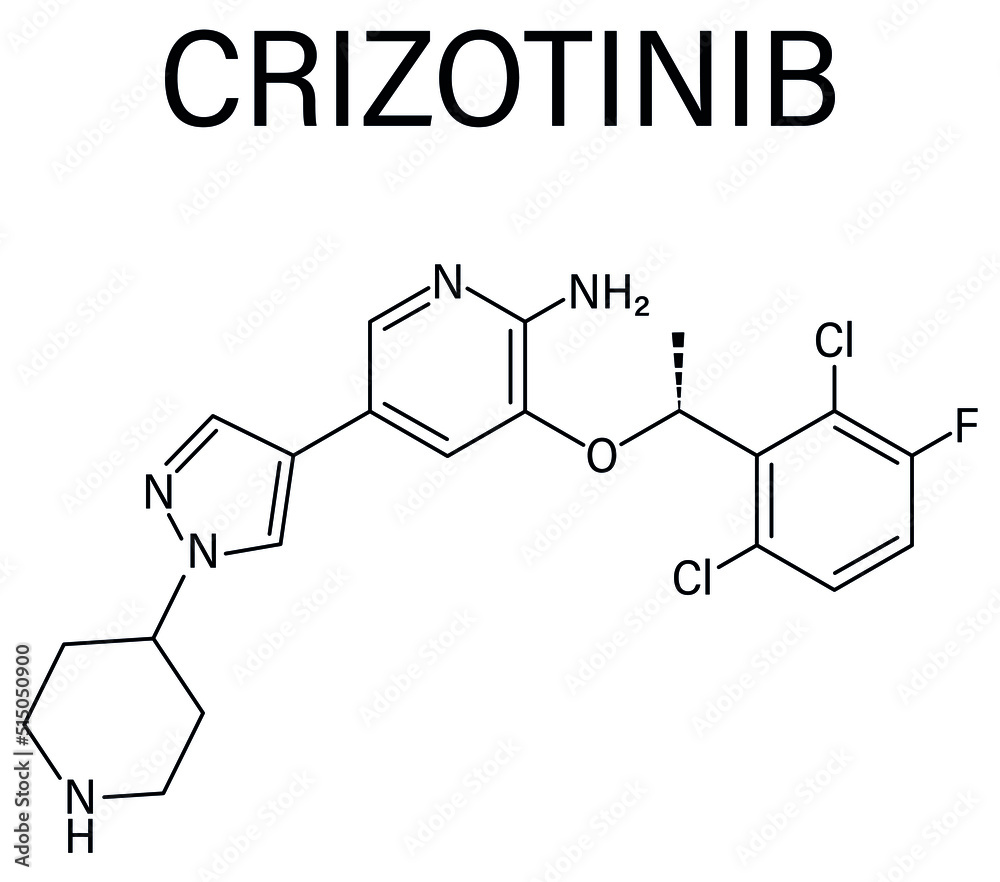 Skeletal formula of Crizotinib anti-cancer drug molecule. Inhibitor of ALK and ROS1 proteins.