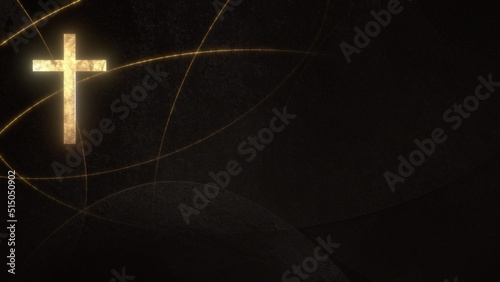 Golden Roman Christian Cross on liturgic black copy space banner background. 3D illustration for online worship church sermon in Advent and Lent. Concept symbolizing penance sacrifice mourning.