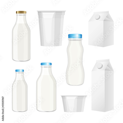 Set of glass and plastic bottles, cardboard boxes, jars and packaging for milk, yogurt, sour cream and dairy products grey color without label on white square background