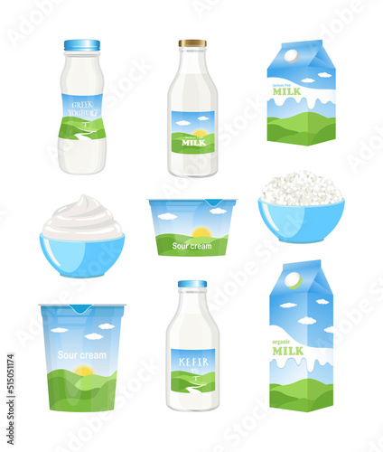 Set of glass and plastic bottles, cardboard boxes, bowls and packaging for milk, yogurt, sour cream and dairy products with natural landscape label on white background