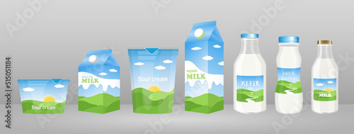 Set of glass and plastic bottles, cardboard boxes, jars and packaging for milk, yogurt, sour cream and dairy products with natural landscape label on white banner background