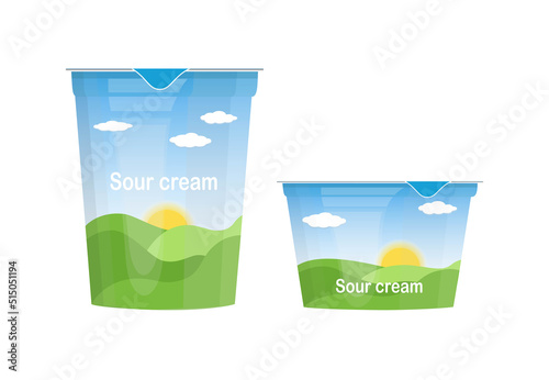 Sour cream, yogurt, soft or cottage cheese big and small plastic or cardboard jar container, packaging with farm label, cartoon style vector illustration isolated on white background