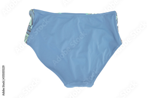 Blue women's bikini panties isolated on white background. Back view. Element of a beach swimsuit. Sports, recreation.