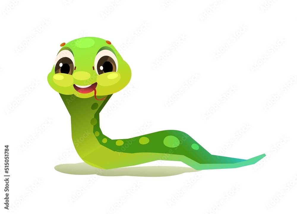 Cheerful baby snake in good mood. Cartoon style illustration. Cute childish character. Isolated on white background. Vector Cheerful baby snake in good mood. Cartoon style illustration. Cute childish character. Isolated on white background. Vector