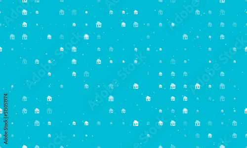 Seamless background pattern of evenly spaced white house symbols of different sizes and opacity. Vector illustration on cyan background with stars