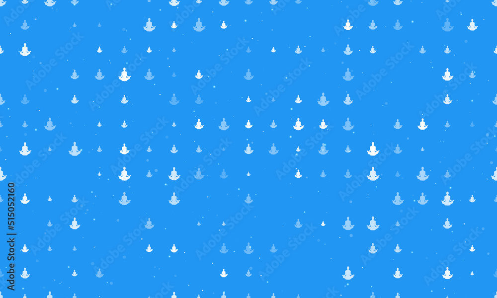 Seamless background pattern of evenly spaced white yoga symbols of different sizes and opacity. Vector illustration on blue background with stars