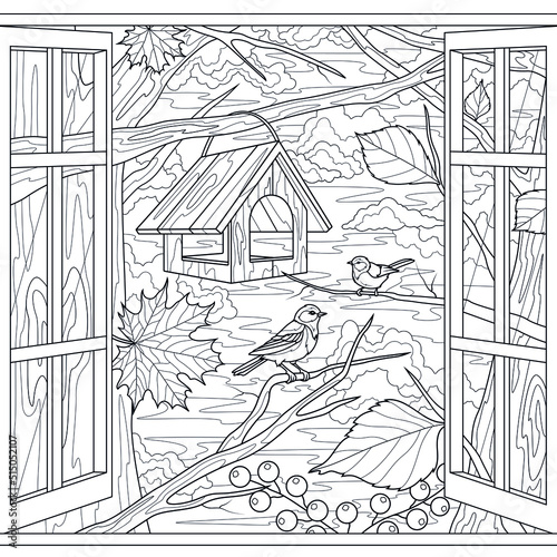 Birds and a feeder on the branches. Autumn. View from the window.Coloring book antistress for children and adults. Illustration isolated on white background. Zen-tangle style. Hand draw