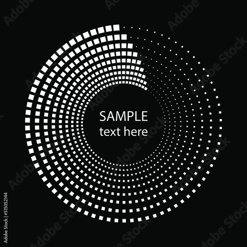White dotted lines in circle form. Square halftone dots. Trendy design element for border frame, round logo, blackout tattoo, sign, symbol, web pages, prints, template, pattern, background
