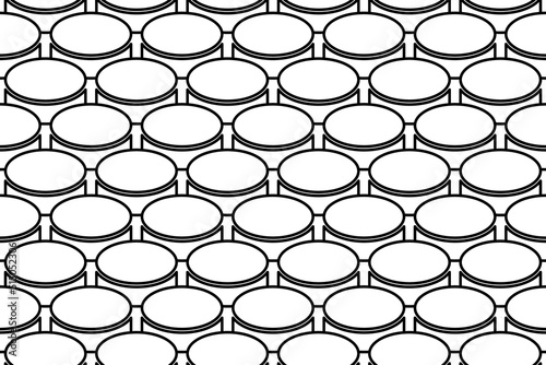 Seamless pattern completely filled with outlines of hockey pucks. Elements are evenly spaced. Vector illustration on white background