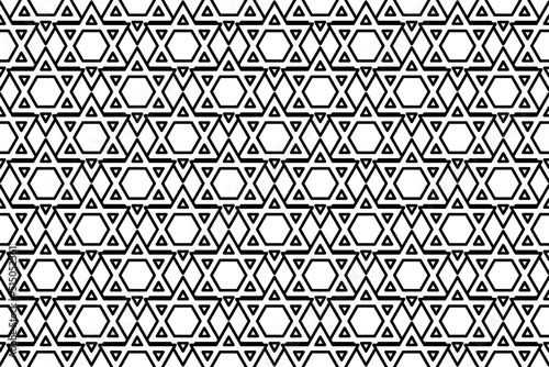 Seamless pattern completely filled with outlines of star of David symbols. Elements are evenly spaced. Vector illustration on white background