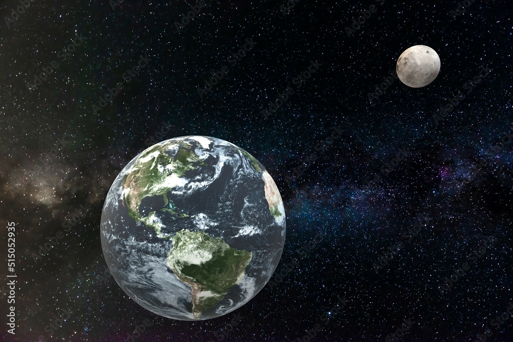 3D illustration of the earth and the moon in space