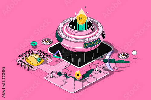 Cryptocurrency concept 3d isometric outline web design. Blockchain technology, mining bitcoins and crypto money on abstract mining farm. Vector web illustration with abstract line people composition