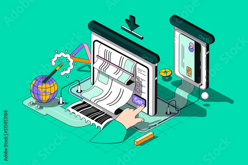 Electronic receipt concept 3d isometric outline web design. Banking services, invoice pay using credit card, financial transactions. Vector web illustration with abstract line people composition