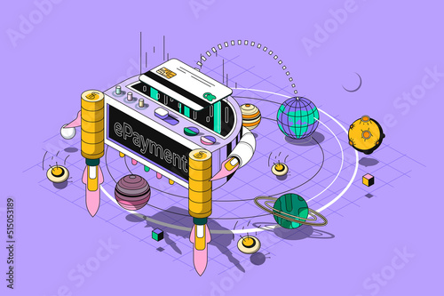 E-payment concept 3d isometric outline web design. Banking services for purchases paying with credit card using apps, online transfer. Vector web illustration with abstract line people composition