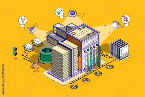 Server maintenance concept 3d isometric outline web design. Technical support, computer hardware, computing and cloud storage equipment. Vector web illustration with abstract line people composition