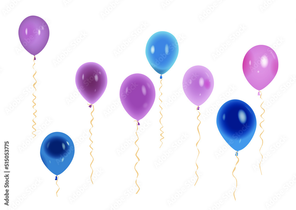 Color balloons with ribbons on white background. Vector illustration