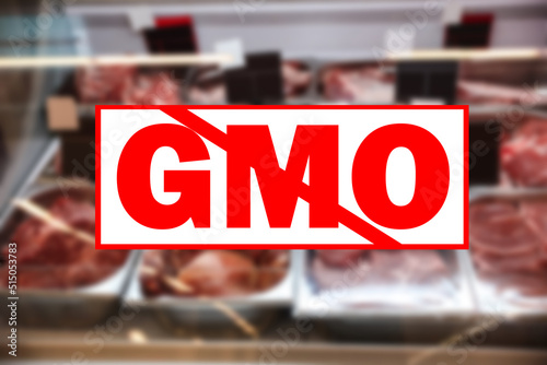 GMO free products. Blurred view of fresh raw meat in refrigerator at wholesale market