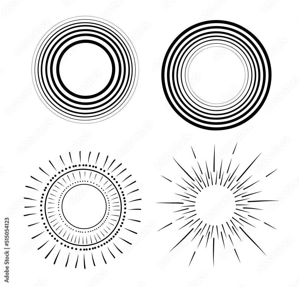 A hand-drawn set of sunburst shineray and sparkle. Circular flash of the sun, stars. Abstract circles, rays. Dots and lines. The style of the doodle sketch. Vector illustration
