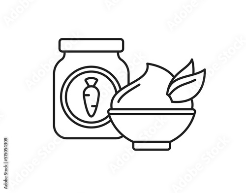Baby food icon with carrot puree in glass jar and bowl. Vector outline sign of healthy nutrition for infants in container with label. Kids food from organic vegetables in bottle