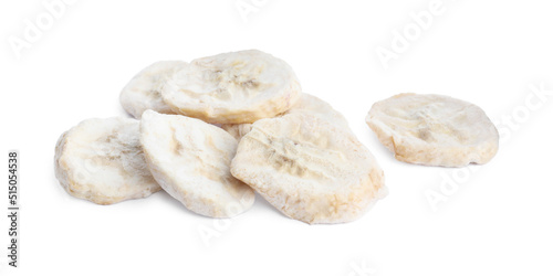 Pile of freeze dried bananas on white background